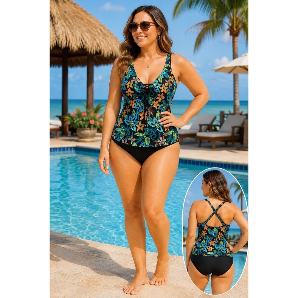 Baltex Pineapple Bay Tankini Swimsuit Size 14 Floral Black 2 Piece NWT Swim Set